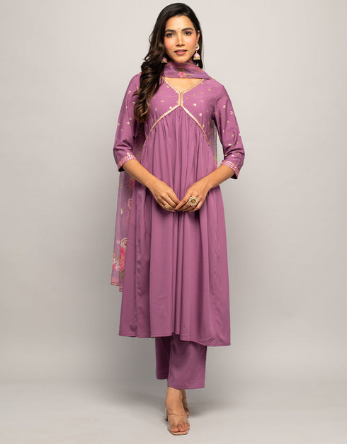 Trendy Designer Party Wear Readymade Salwar Suit Purple Crepe Pant Straight Front View